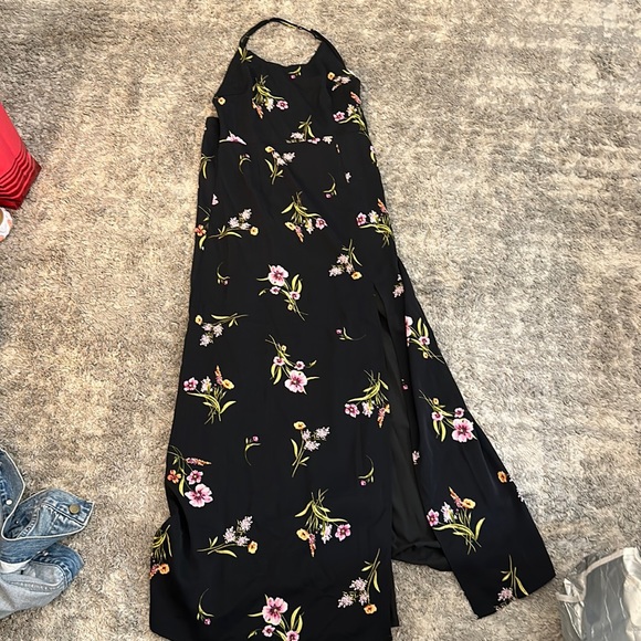 Lulus Dresses & Skirts - Midi Black Dress with Floral and Leg Slit